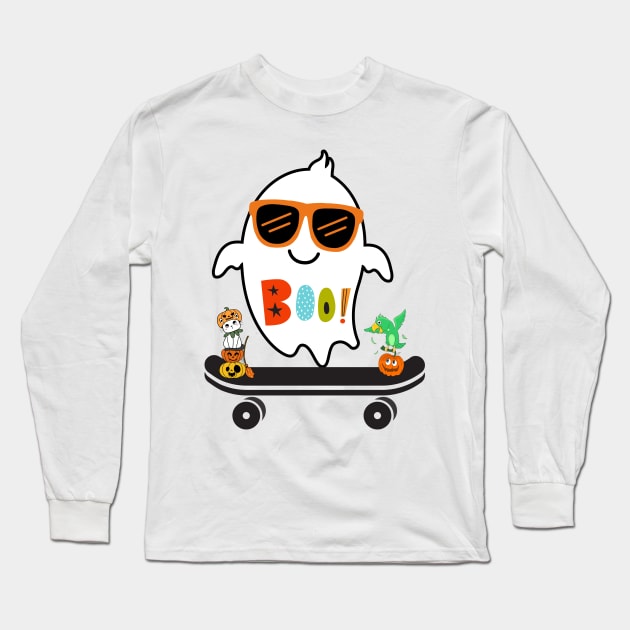 Ghost Skateboard Lazy Halloween Costume Funny Skateboarding Long Sleeve T-Shirt by BukovskyART